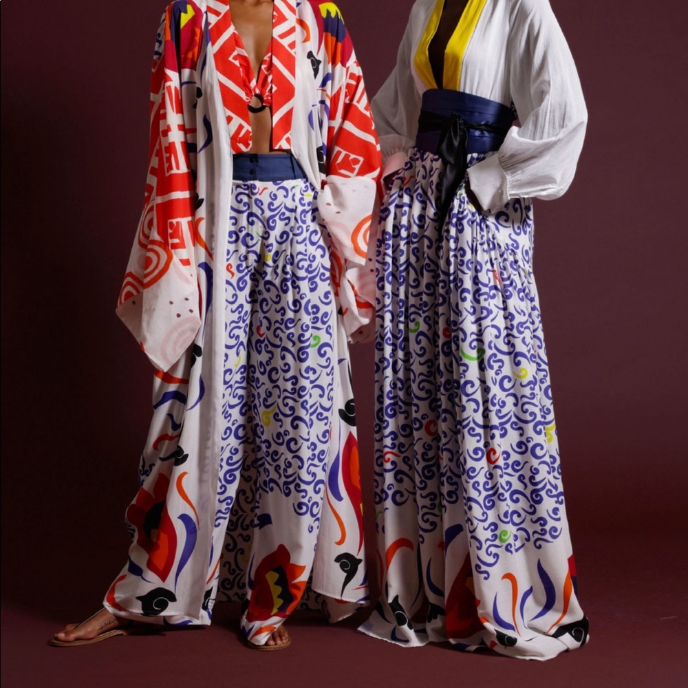 White Multi-Color Wide Leg Printed Pants